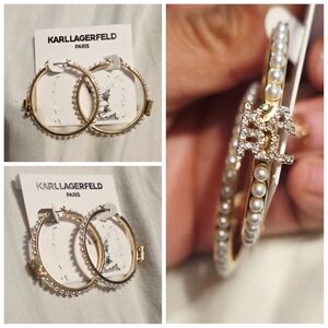 Karl Lagerfield Paris Faux Pearl Hoop Gold Earrings With Karl Crystal Logo
